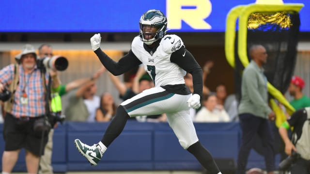 Oct 8, 2023; Inglewood, California, USA; Philadelphia Eagles linebacker Haason Reddick (7) celebrates after sacking Los Angeles Rams quarterback Matthew Stafford (9) during the second half at SoFi Stadium.
